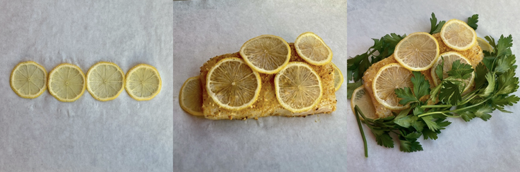 Image of On a sheet of parchment paper, lay 4 of the lemon slices.  