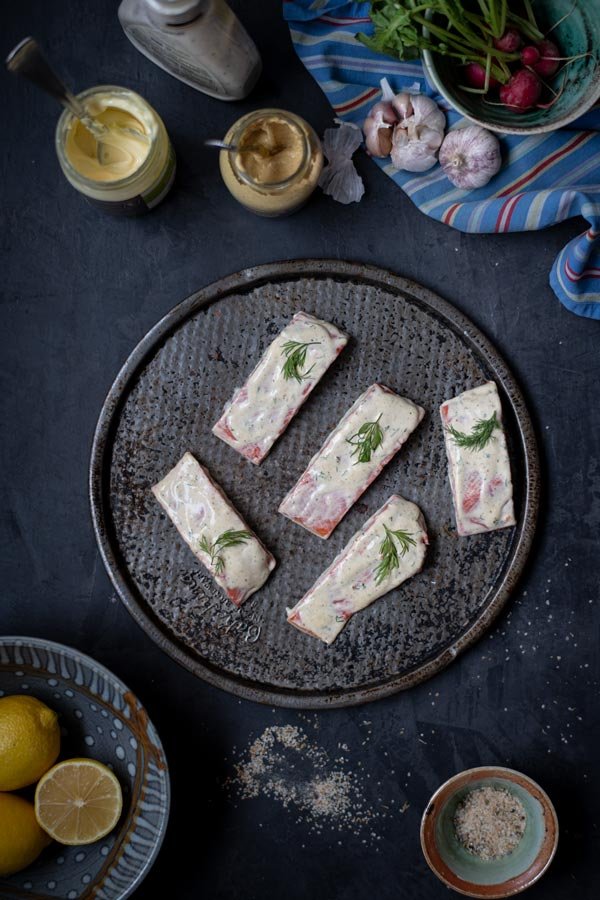 Image of Place salmon, skin side down, on the oiled rack or...