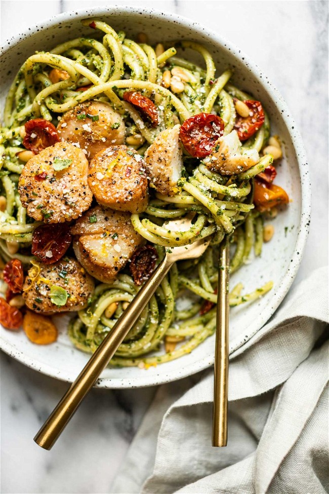 Image of Pasta with Perfectly Seared Sea Scallops & Basil & Pepita Pesto