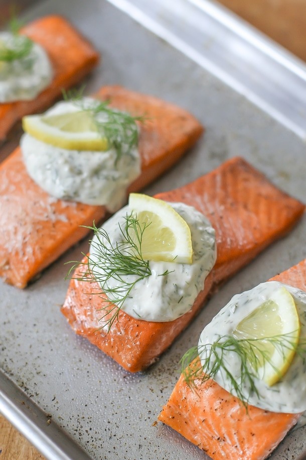 Image of Baked Salmon topped with Garlic Dill Delight