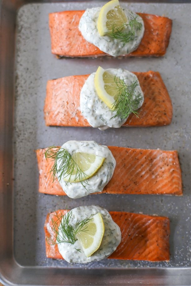 Image of Top each salmon filet with 2 tablespoons (or more if...