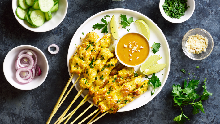 Image of Chicken Satay Skewers & Peanut Sauce (a Lean and Green Appetizer)