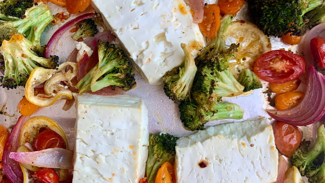 Roasted Veggies, Feta, Preserved Lemon, Basil Orzo + Grilled Shrimp | Heather Hartman Health