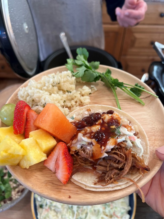 Image of BBQ PORK TACOS WITH SLAW AND FETA DIP 