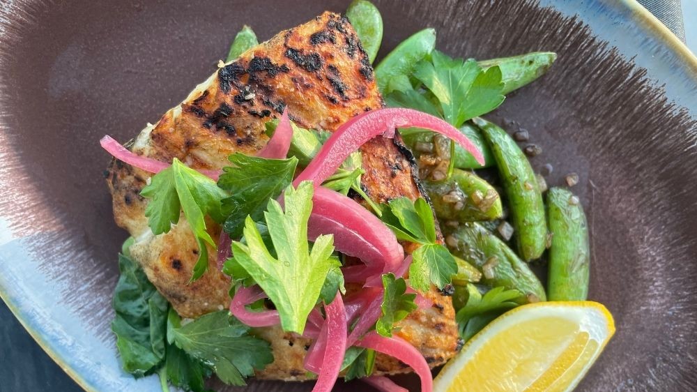 Image of Grilled Halibut with Sugar Snap Peas, Citrus Butter & Herb Salad  