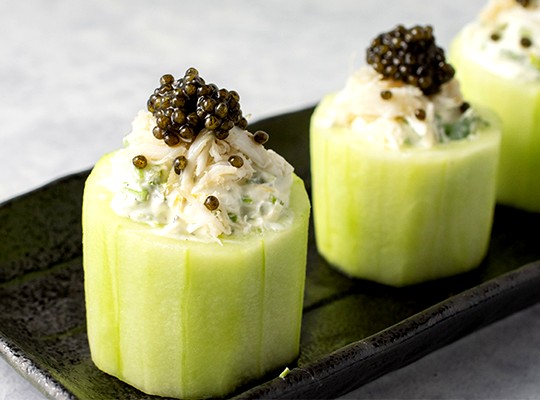 Image of Grilled Corn and Crab Stuffed Cucumber Cups with Caviar
