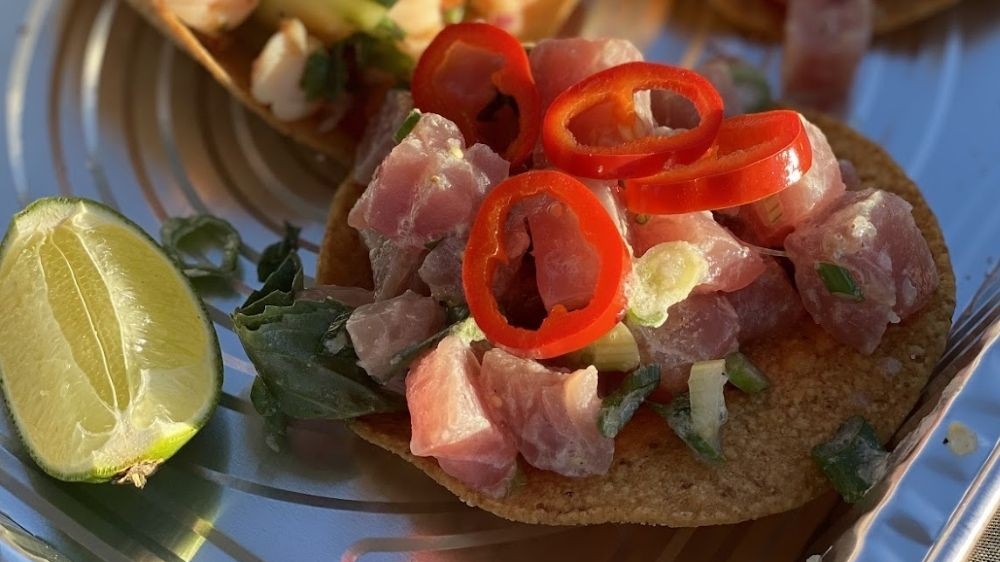 Image of Ahi Tuna Tostada with Fermented Tomatillos and Pickled Fresno Chiles