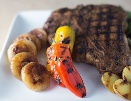 Image of Grilled Porterhouse Steaks with Caramelized Cipolline Onions, Grilled Veggie Sweets and DYPs®