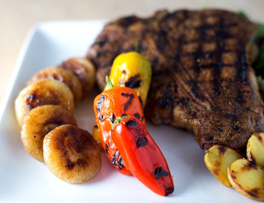 Image of Grilled Porterhouse Steaks with Caramelized Cipolline Onions, Grilled Veggie Sweets and Grilled DYPs