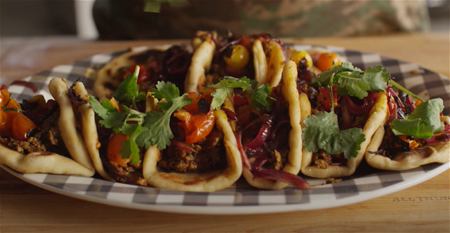 Image of Grilled Curry Flank Steak Tacos with Fresh Naan