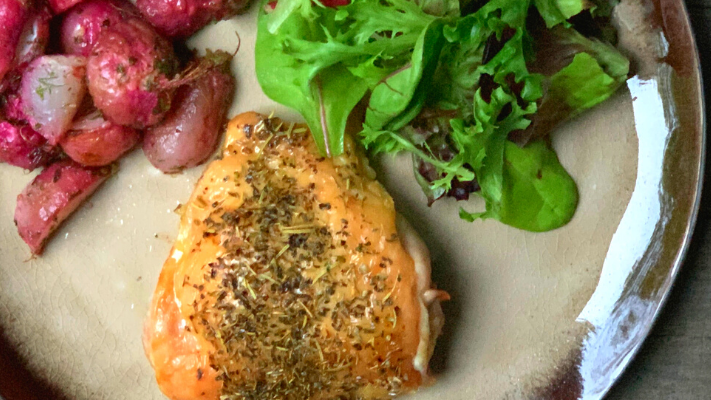 Image of Mediterranean Roasted Chicken with Lemon Dill Radishes