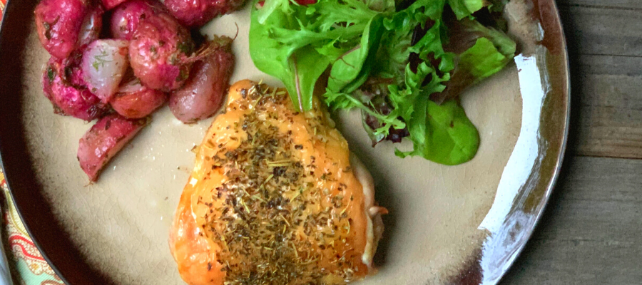 Mediterranean Roasted Chicken with Lemon Dill Radishes