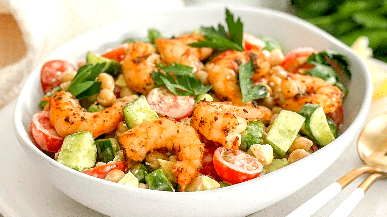 Image of Prawn Chickpea Salad with Creamy Moroccan Tahini Dressing