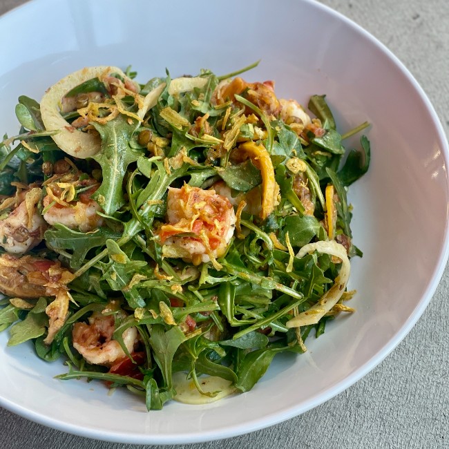 Image of Warm Shrimp and Salad with Fennel and Arugula