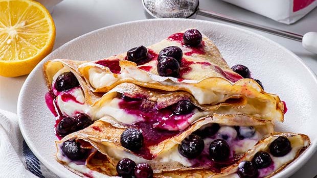 Image of Gluten-Free Lemon Ricotta Crêpes with Blueberry Sauce