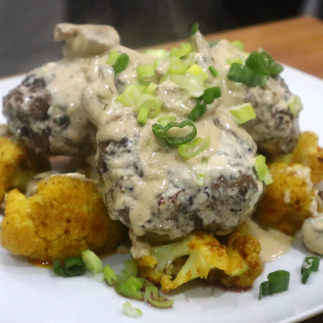 Image of Chicken Liver & Pork Meatballs with Mushroom Sauce & Curried Cauliflower