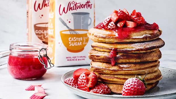 Image of Pancakes Topped with Rhubarb and Strawberry Compote