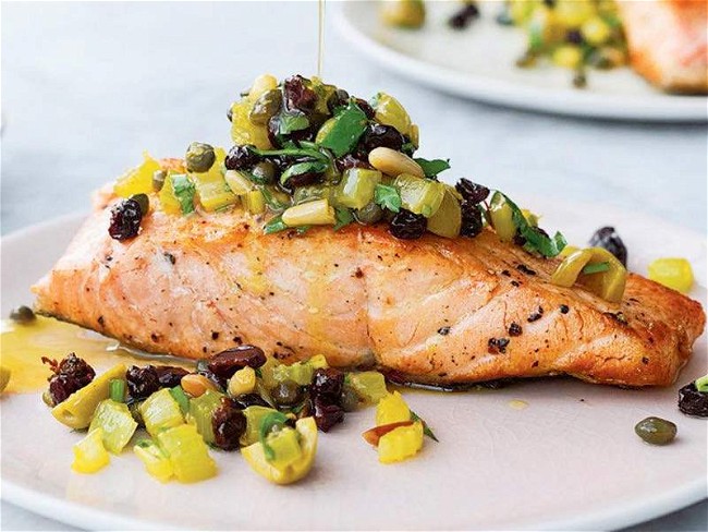 Image of Bridget Jones’ Pan-Fried Salmon with Pine Nut Salsa Recipe