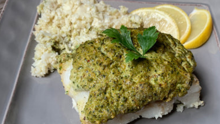 Image of Oven Roasted Cod with Poblano Pepper Garlic Cream Sauce