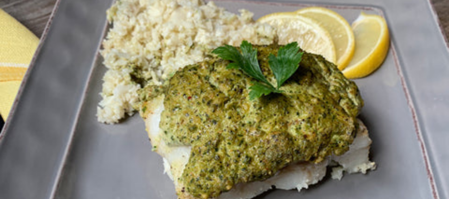 Oven Roasted Cod with Poblano Pepper Garlic Cream Sauce