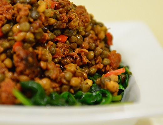 Image of Lentils with Wilted Spinach, Linguica Sausage and Red Bell Peppers