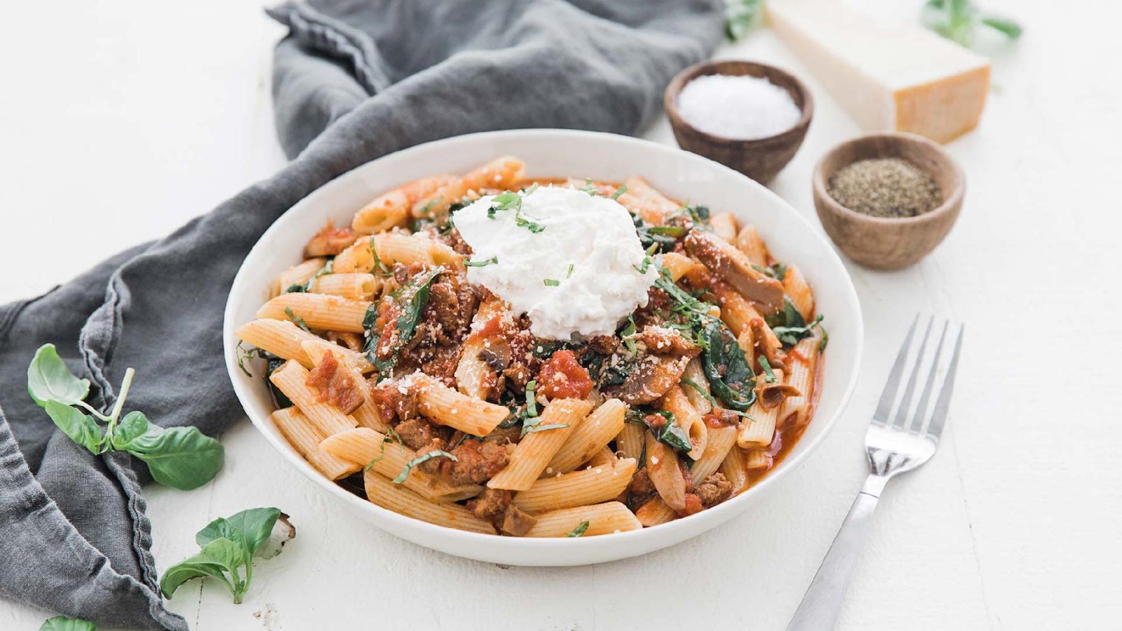 Image of Sausage & Mushroom Pasta with Spinach & Burrata