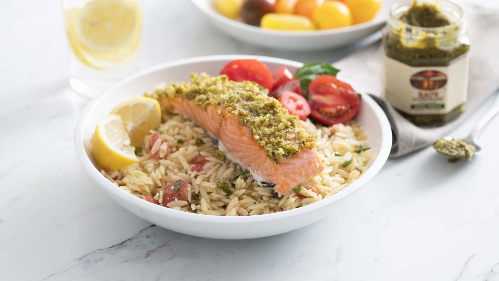 Image of Basil Pesto Crusted Salmon with Orzo and Margherita Salad