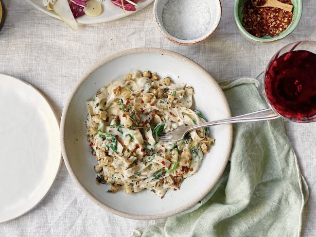 Image of Tagliatelle in Creamy Celeriac Sauce with Spigarello & Thyme