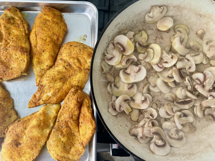 Image of When all of the chicken has been browned, wipe out any residual flour and add the remaining olive oil to heat until shimmering.