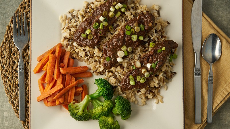 Savory mongolian beef with broccoli and carrots.