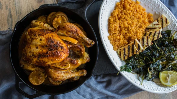 Image of Roast Chicken with Grilled Halloumi, Lentils, and Spinach