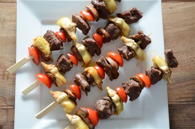 Image of Mushroom, Artichoke, and Tomato Steak Kabobs