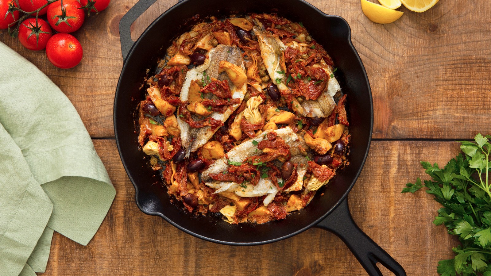 Image of Sea Bass with Artichokes and Sun-Dried Tomatoes