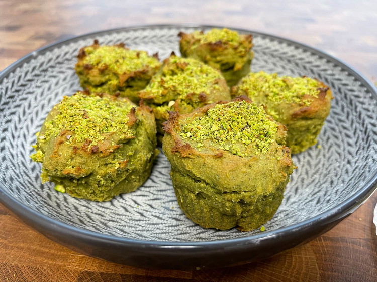 Image of Bake for 15 minutes. Add chopped Pistachios on top (optional). Bake for another 5 minutes, or until a toothpick is inserted in the middle and comes out clean.Or bake for 20 minutes if you choose not to put any Pistachios...
