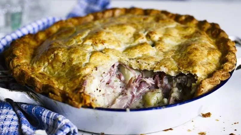 Image of Honey & mustard ham hock pie with flaky cheese pastry