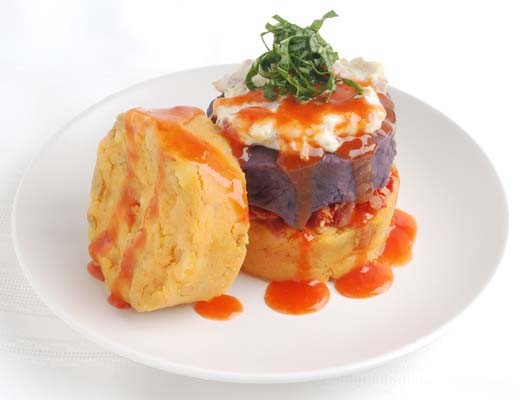 Image of Smashed Potato Stack with Garlic Piquillo Sauce