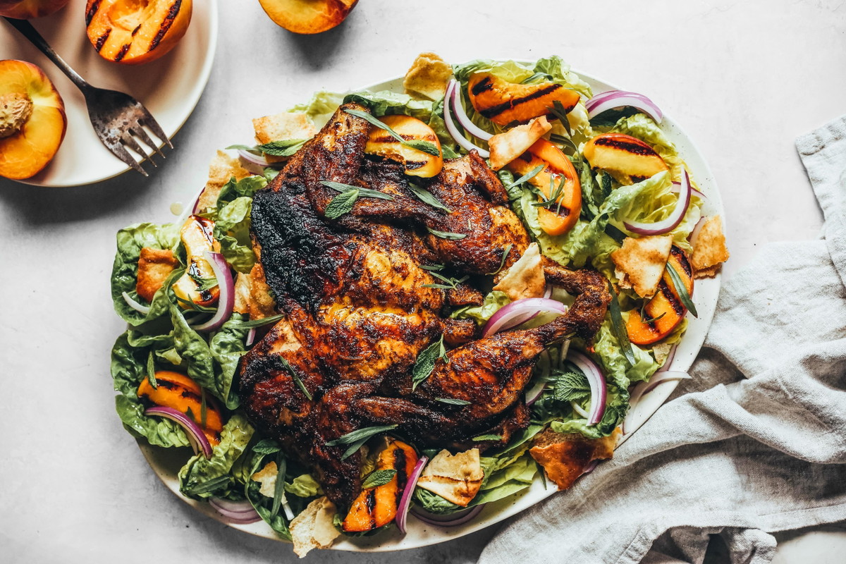 Brined Spatchcock Chicken & Grilled Peach Fattoush