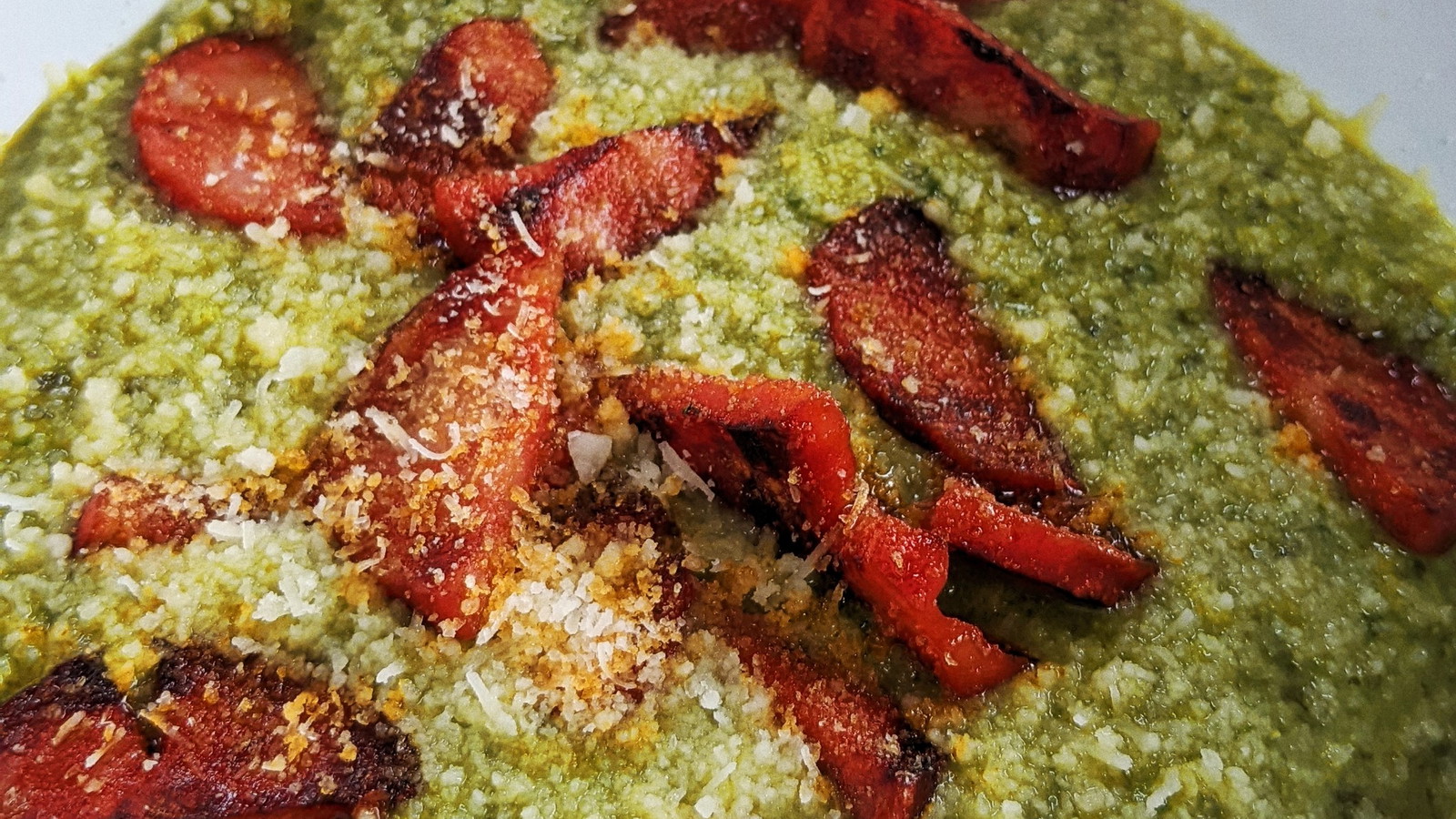 Image of Chorizo, Laverbread and Pea Soup (vegan/alternative available)