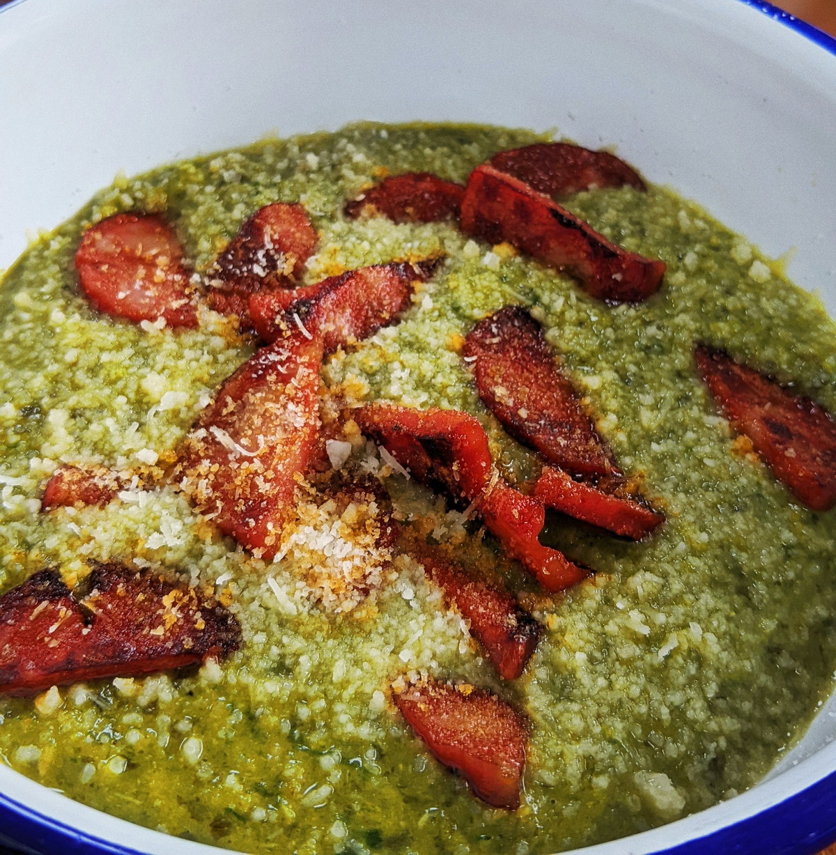 Chorizo, Laverbread and Pea Soup (vegan/alternative available)