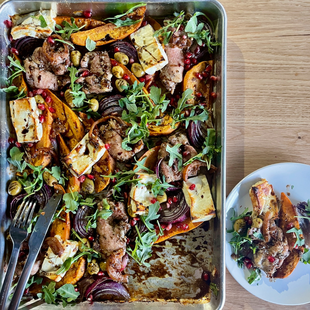 Pomegranate Chicken with Sweet Potato and Arugula