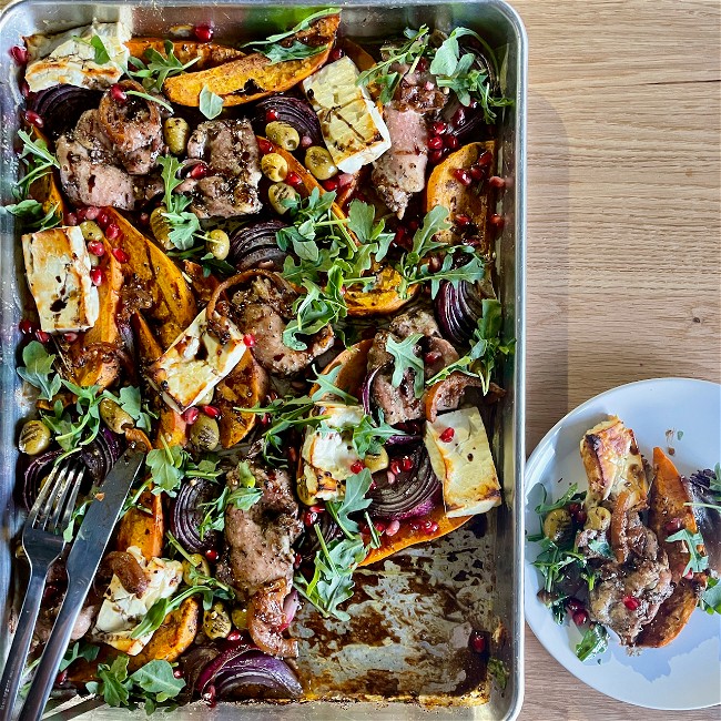 Image of Pomegranate Chicken with Sweet Potato and Arugula