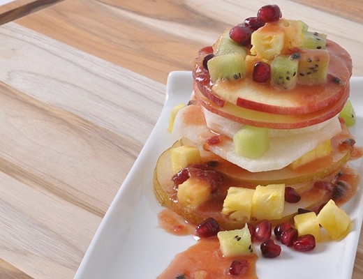 Image of Spiralizer Fruit Stack with Cactus Pear-Passion Fruit Caramel Sauce