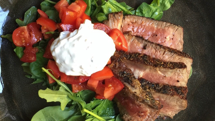 Image of Charred Sirloin with Tomatoes and Creamy Garlic Sauce