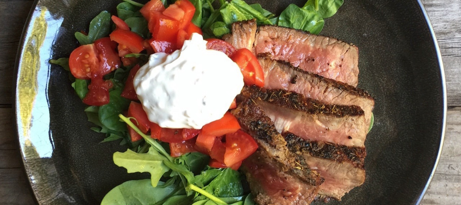 Charred Sirloin with Tomatoes and Creamy Garlic Sauce