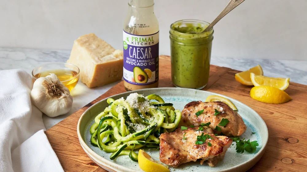 Image of Keto Caesar Chicken Thighs with Pesto Zoodles