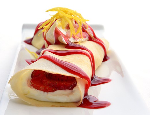 Image of Strawberry Crepes with Raspberry Sauce