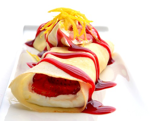 Image of Strawberry Crepes with Raspberry Sauce