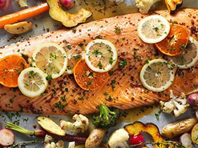 Image of Maple Mustard Salmon with Roasted Vegetables Recipe