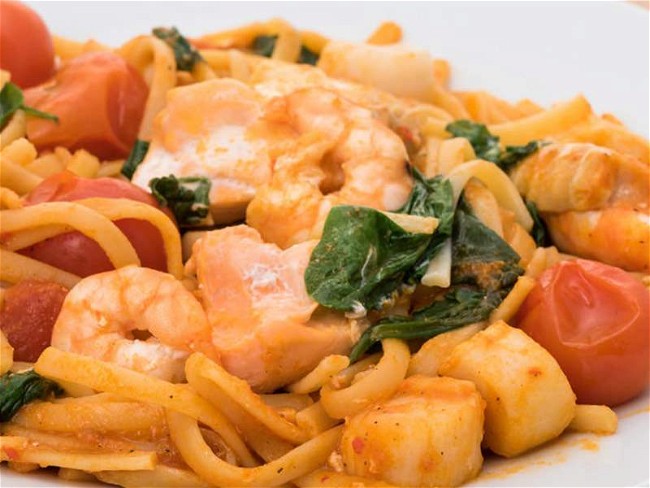 Image of Mediterranean-Inspired Shrimp Scallop Pasta Recipe