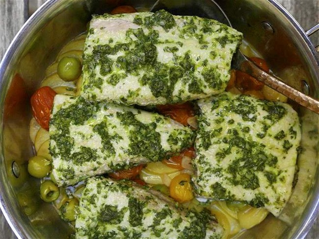 Image of One-Pot Pesto Steamed Kanpachi Recipe